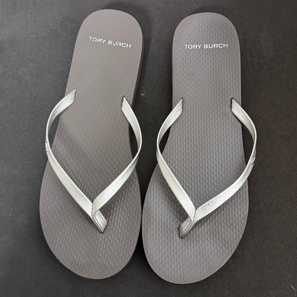 TORY BURCH, Silver and Brown Flip Flops - Picture 4 of 6